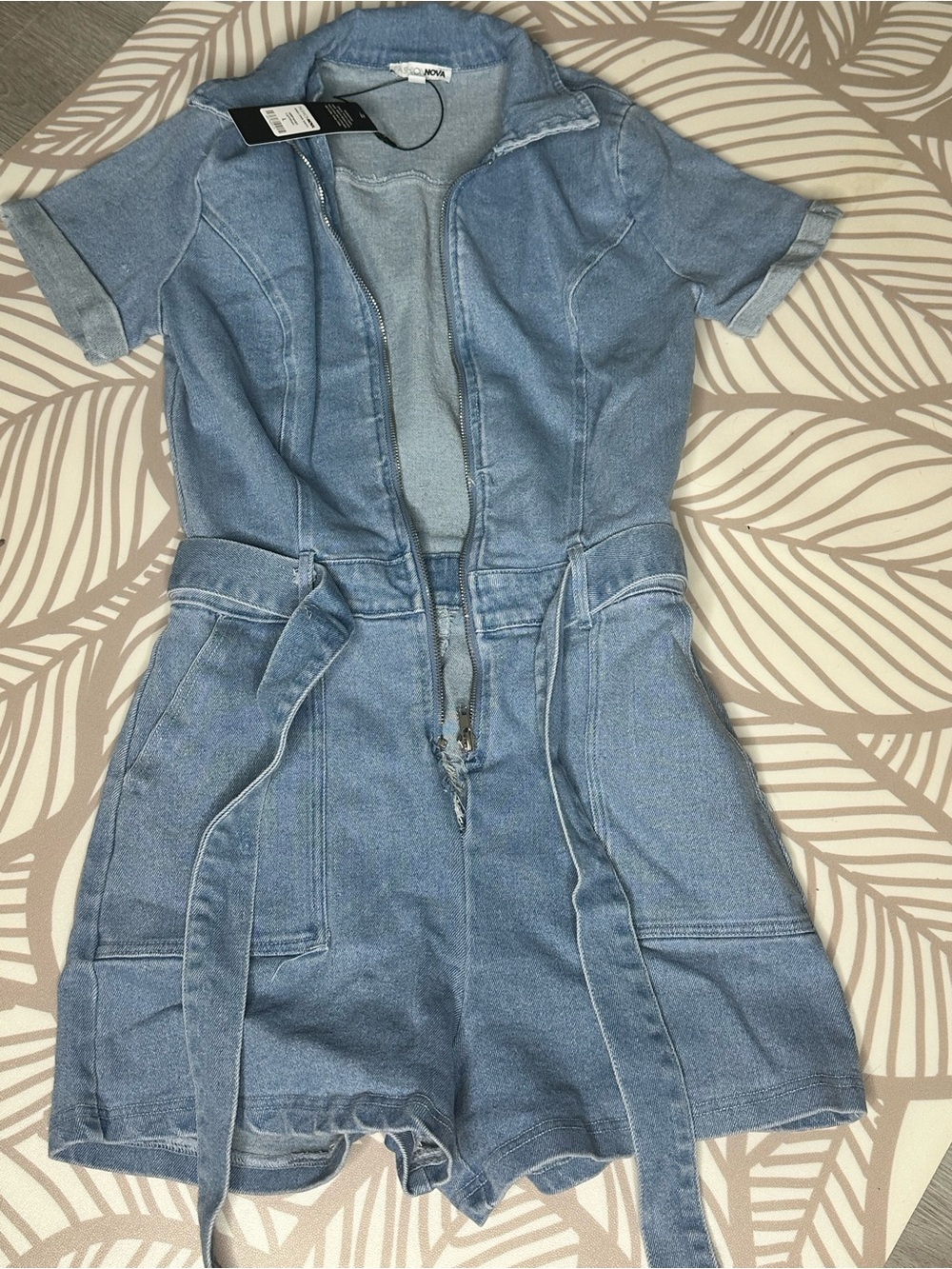 Fashion Nova Light Blue Denim Short Sleeve Romper with Waist Tie